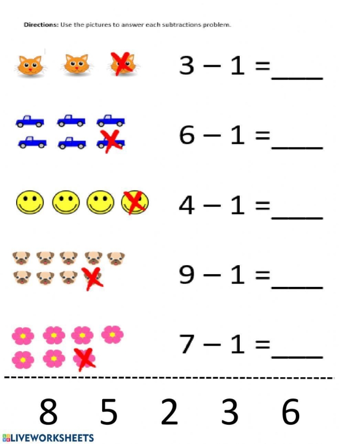 Subtract One Assessment Worksheet for Pre-K Math Practice Image 8 Pre-K students practice subtraction by removing one object from groups in this colorful assessment worksheet