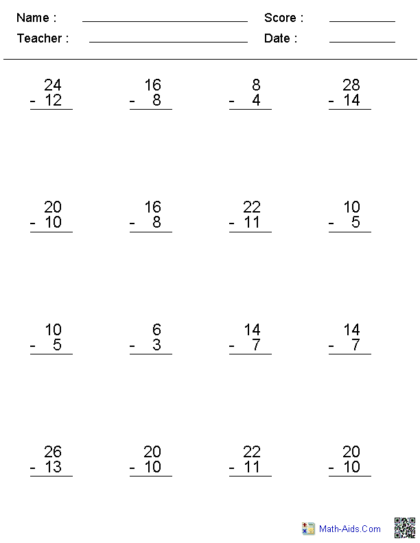 Pre-K subtraction worksheet featuring simple math problems with numbers 1 through 5