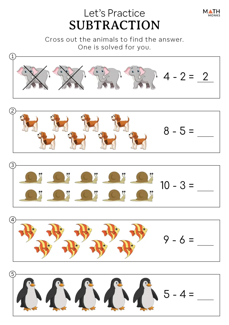 Colorful worksheet featuring playful spring elements for practicing subtraction from 1 to 10