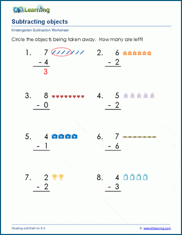 A colorful preschool worksheet featuring beginning subtraction problems with numbers one through five