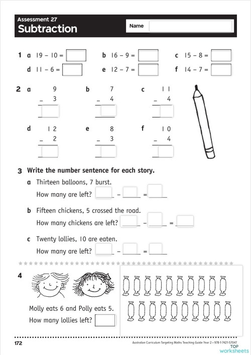 Pre-K Subtraction Practice: Taking Away One Object Assessment Activity Subtract One Assessment worksheet for pre-K students showing simple subtraction problems with one item removed