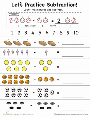 Colorful spring-themed worksheet for Pre-K students to practice subtraction with bees, hens, and daffodils. Let's Practice Subtraction! 1–10 worksheet for young learners.
