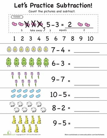 Colorful spring-themed worksheet featuring subtraction exercises with bees, hens, and daffodils for kids. Let's Practice Subtraction! 1–10 worksheet for Pre-K learners.