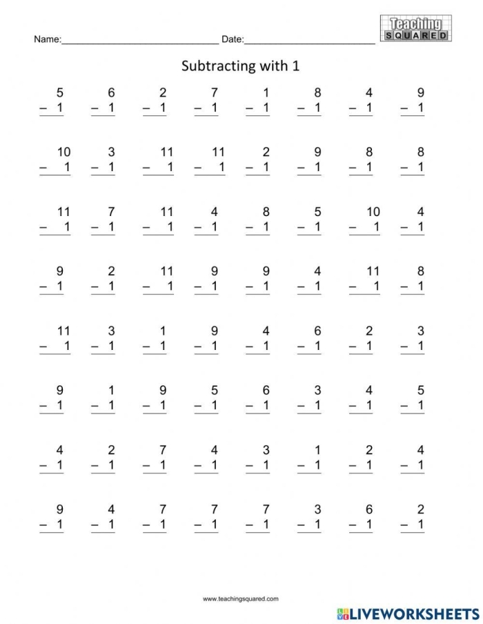 Subtract One Assessment Worksheet Grade Pre-K Number 12 Pre-K student practicing subtraction by crossing out one item on the worksheet page 12