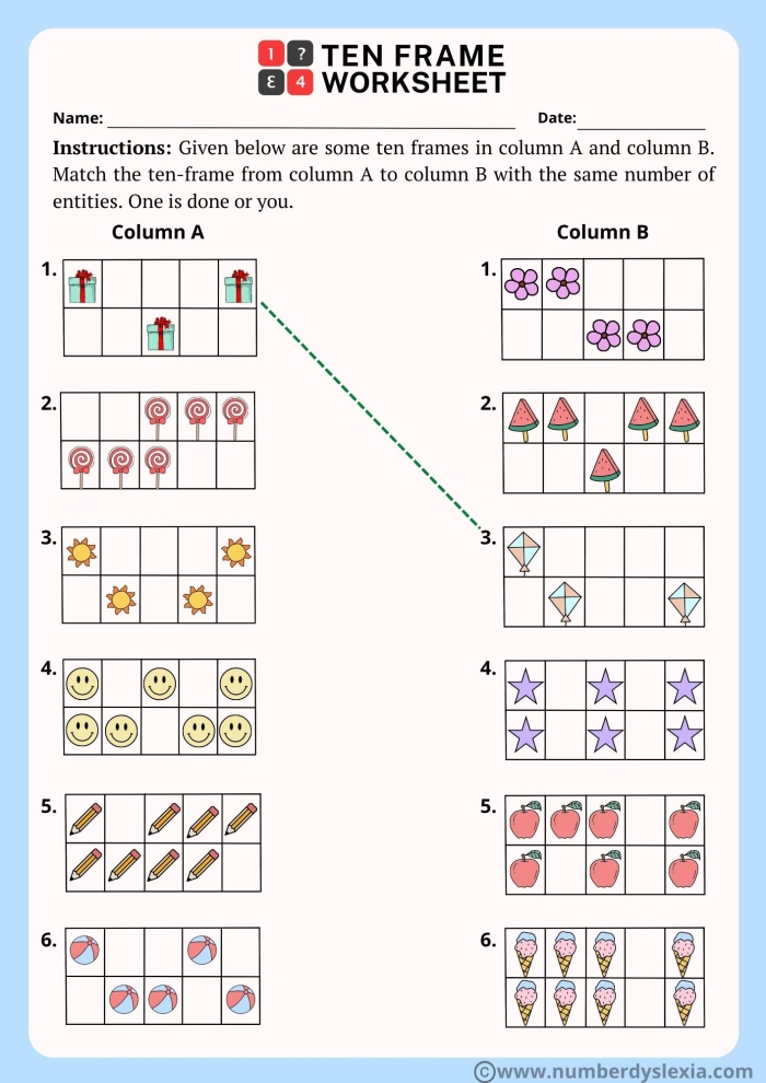 Ten Frame Worksheet for Early Math Skills 10 Pre-K students learning to count using a ten frame mat worksheet