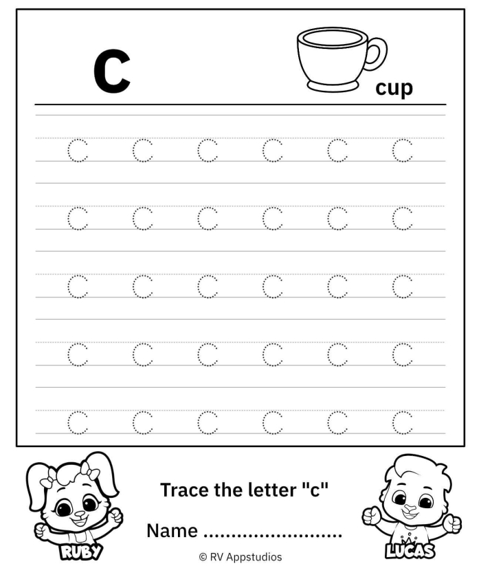 Pre-K worksheet with dotted lines for tracing the lowercase letters c, o, and a