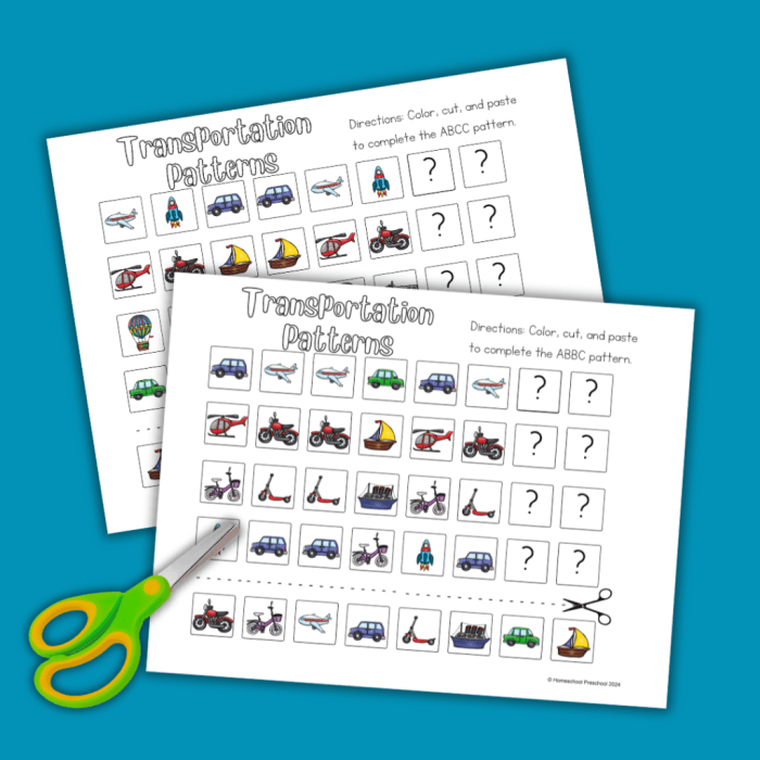 Transportation Patterns Practice Activity 7 for Early Learners Colorful transportation vehicles arranged in repeating patterns for pre-kindergarten learners to identify the next item