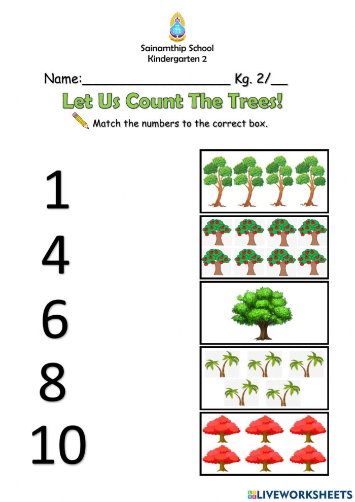 Counting trees educational worksheet for early learners number 13 Pre-K worksheet activity featuring various trees for children to practice counting and addition skills number 13