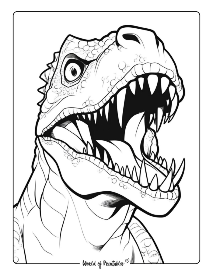 A fierce Tyrannosaurus Rex ready to attack on a coloring page for Pre-K students
