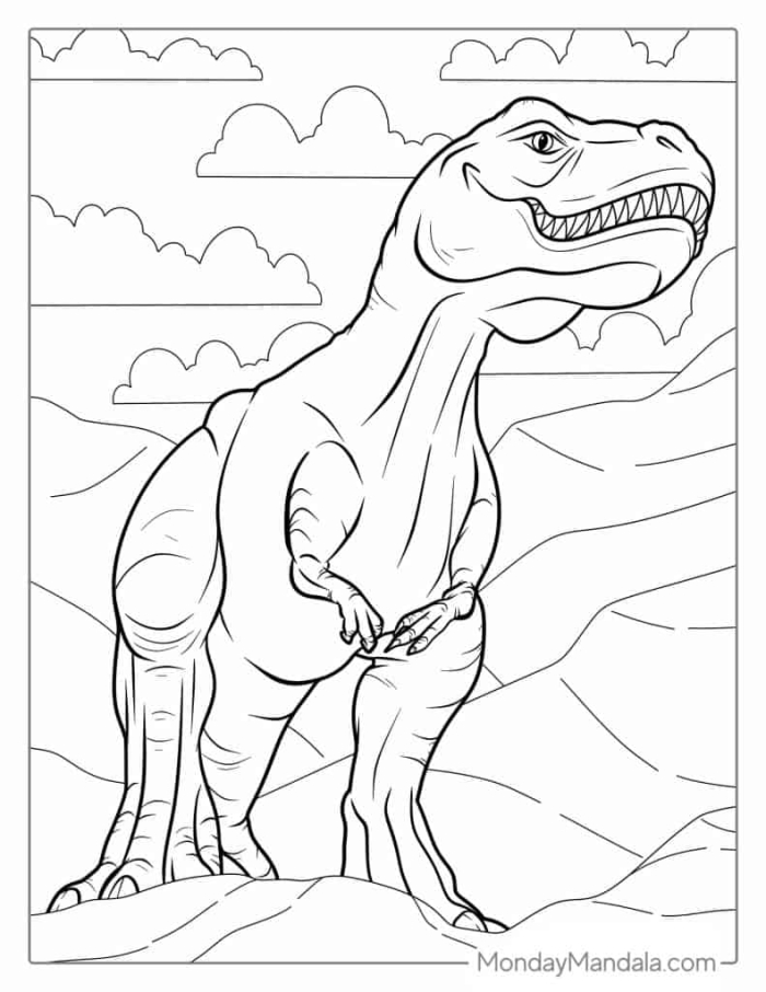 A fierce T-Rex illustration for Pre-K students to color as part of a reading activity