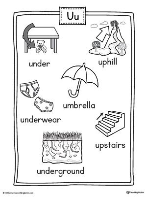 Pre-K phonics worksheet for identifying words and objects that start with the letter U
