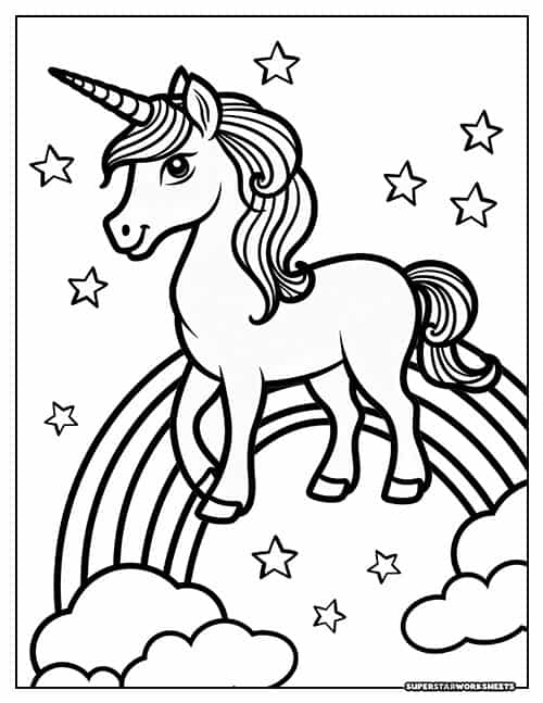 Coloring page featuring a whimsical unicorn for kids to color in