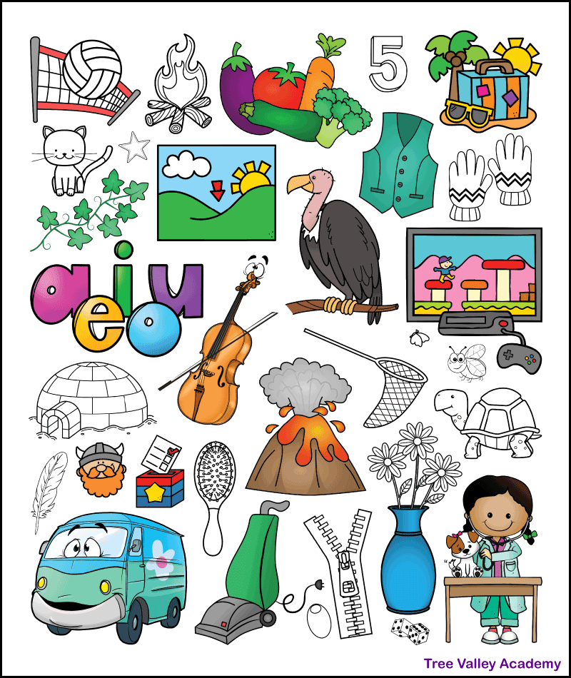 Preschool worksheet with V and W beginning sounds for students to color