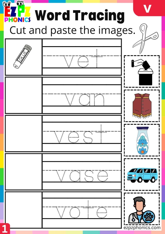 Pre-K phonics worksheet for practicing beginning V and W sounds through coloring