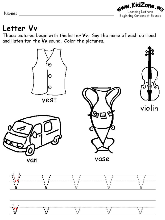 Pre-K phonics worksheet for practicing beginning V and W sounds by coloring images