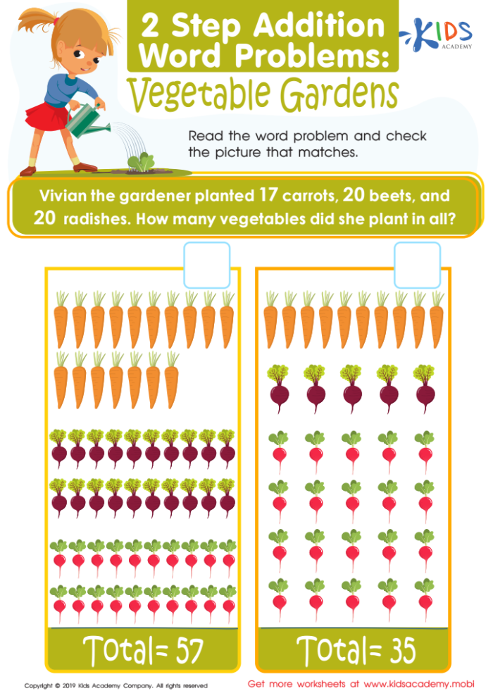 Colorful worksheet for planting a vegetable garden with cut-out veggies for Pre-K students