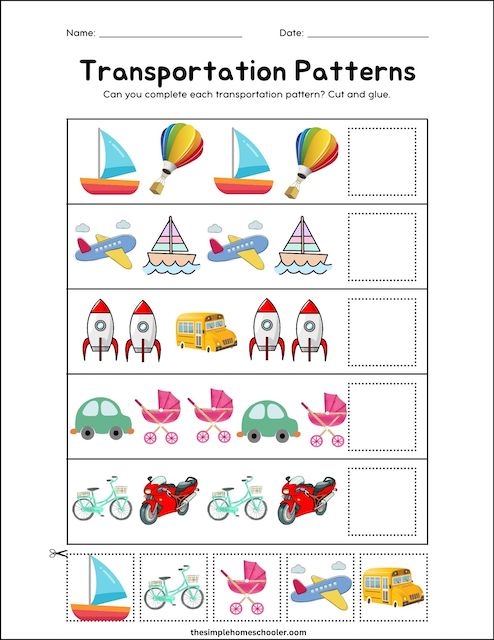 Pre-K Transportation Patterning Activity 16 with vehicles in continuing sequences Transportation Patterns worksheet for Pre-K students showing colorful vehicles arranged in repeating sequences to practice pattern recognition