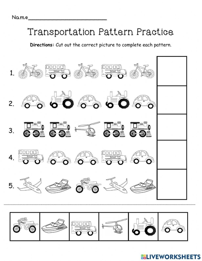 Transportation Patterns Practice 18: Find the Next Vehicle in the Sequence A colorful transportation-themed pattern worksheet showing vehicles in sequence for pre-K students to complete