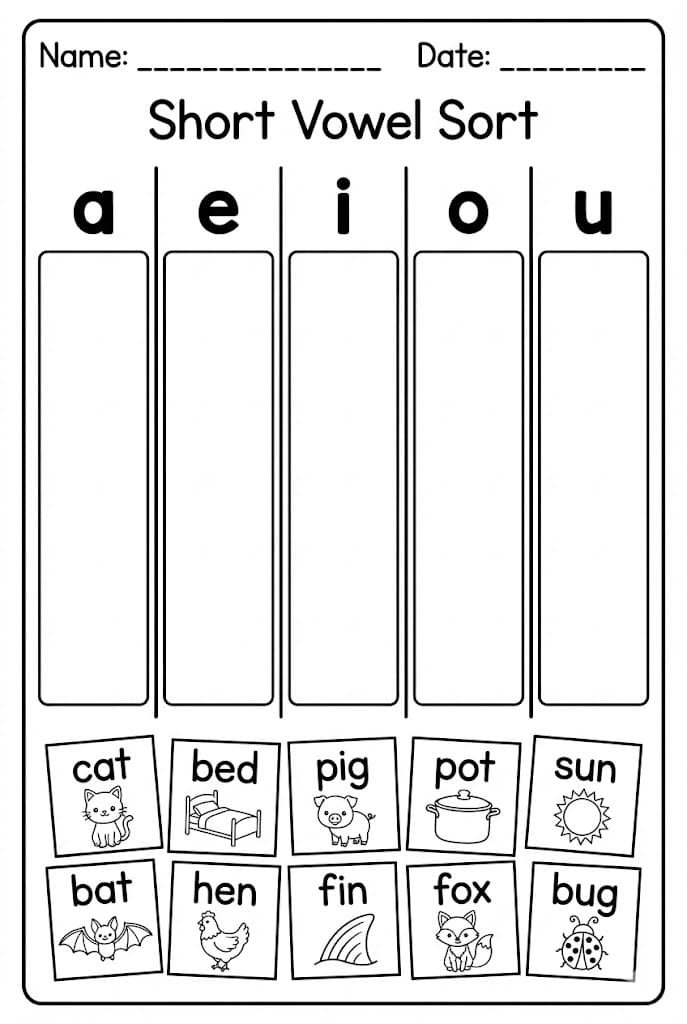 Sort the Short Vowels Practice Sheet 9 for Early Learners Preschool students sorting picture cards by short vowel sounds on a worksheet activity