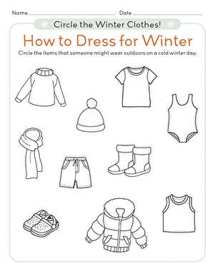 A colorful worksheet for matching clothing to different weather conditions aimed at Pre-K students