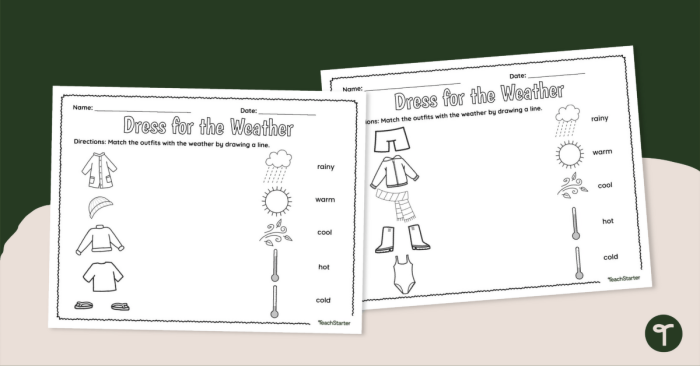 Pre-K worksheet helping children learn to match seasonal clothing to different types of weather