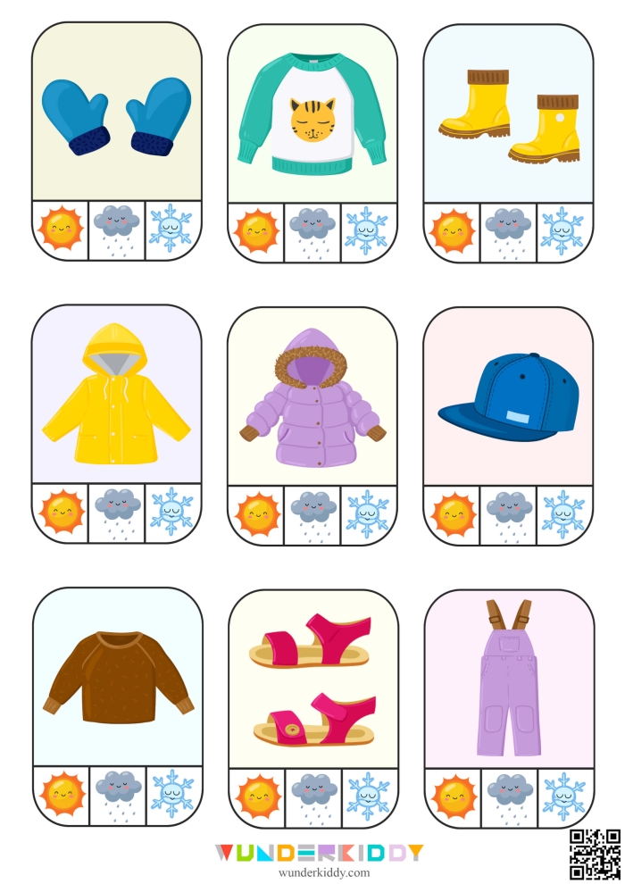 Weather Wear Matching Activity for Young Learners Children matching weather conditions to appropriate clothing items on a Pre-K fractions worksheet