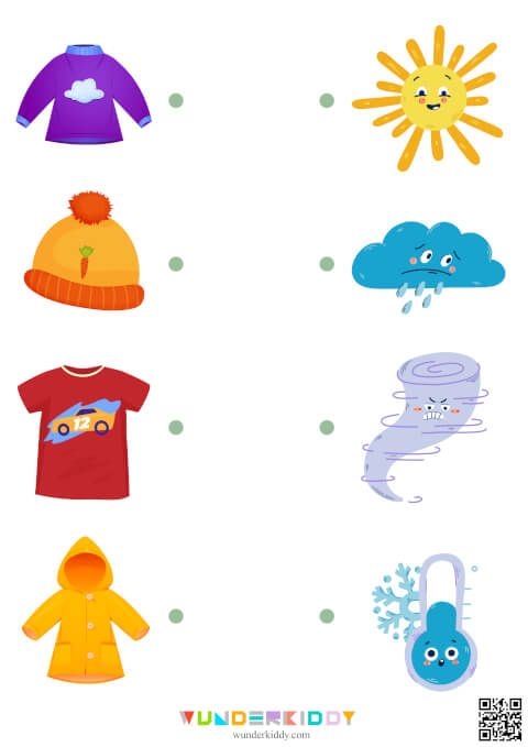 A colorful worksheet for kids to match clothing items with various weather conditions