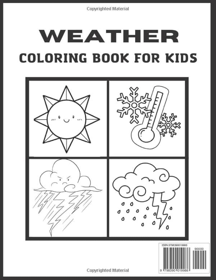 Pre-K weather book worksheet for tracing and drawing sunny, windy, and rainy scenes