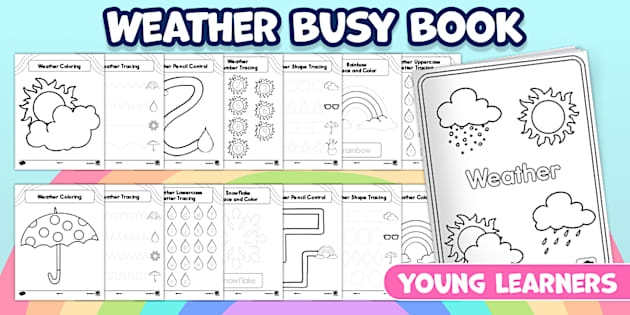 Weather book worksheet for Pre-K kids featuring tracing and drawing activities related to sun, wind, and rain