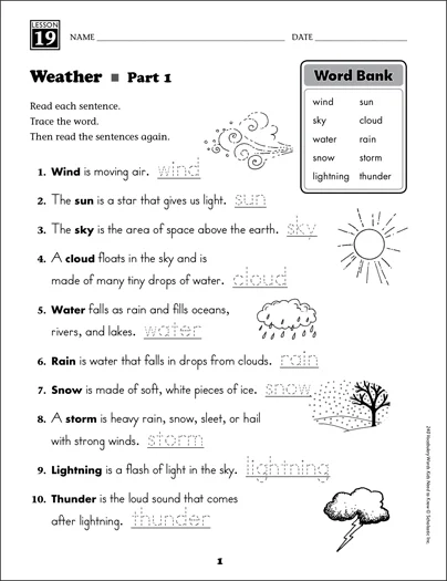Pre-K weather book worksheet featuring tracing activities for sun wind and rain number 15