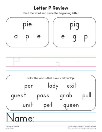 Pre-K worksheet featuring various objects to help children identify words that start with the letter P