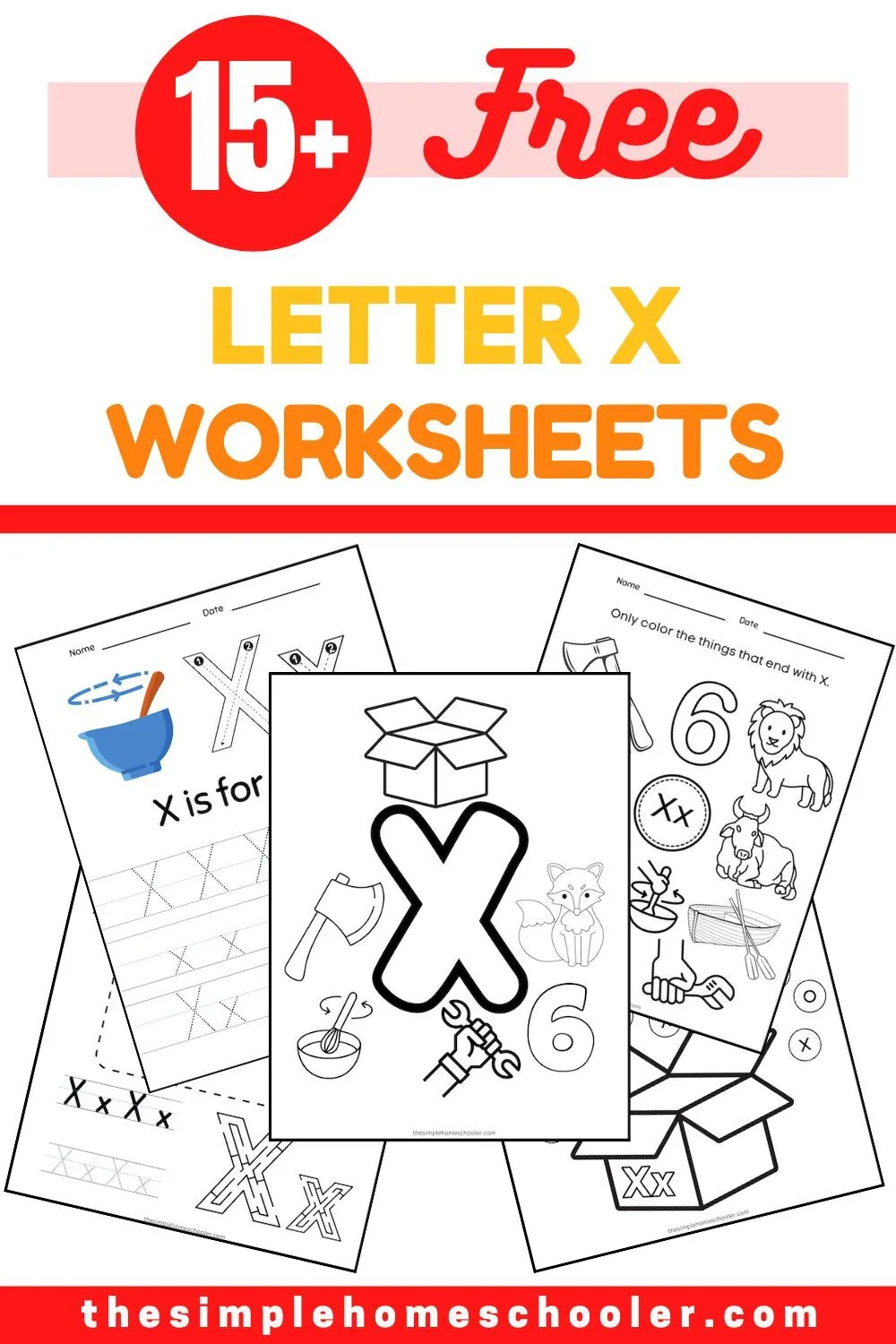Preschool phonics worksheet featuring various objects to identify that begin with the letter X