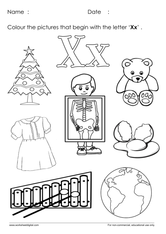 Worksheet featuring items that begin with the letter X for preschool phonics practice
