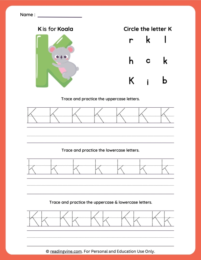 Practice Tracing the Letter K Writing Activity for Pre-K Students Image 22 Child tracing dotted lines and the letter K on a prekindergarten practice worksheet to develop fine motor skills