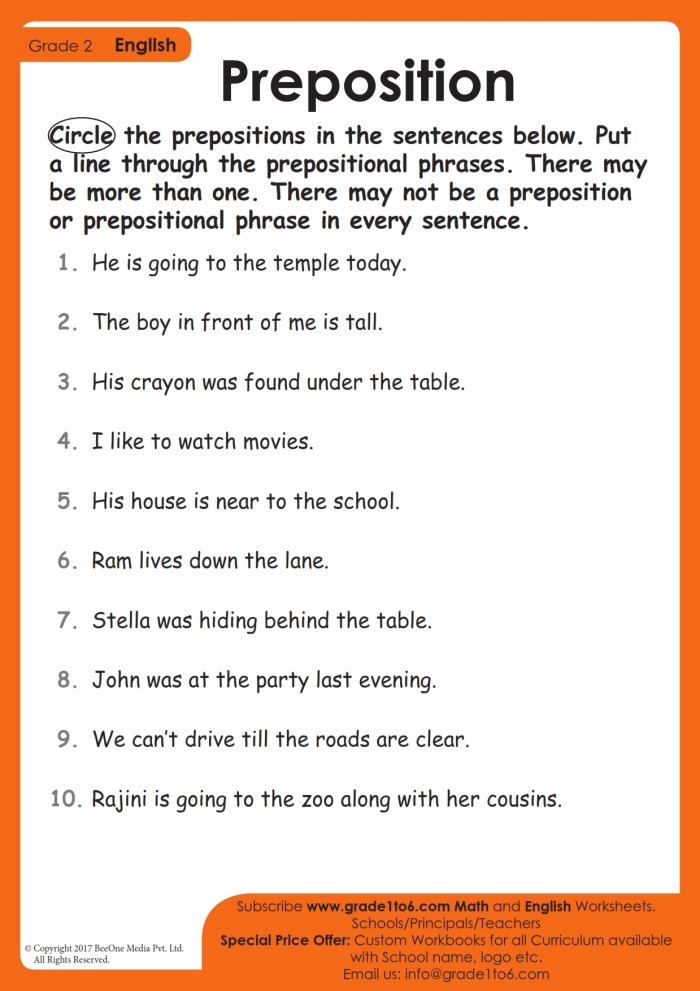 Fifth grade grammar worksheet showing exercises for identifying prepositions and their objects in sentences