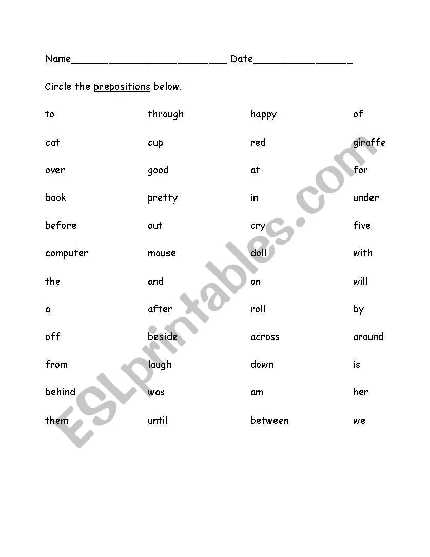 Fifth grade grammar worksheet showing exercises for identifying prepositions and their objects in sentences