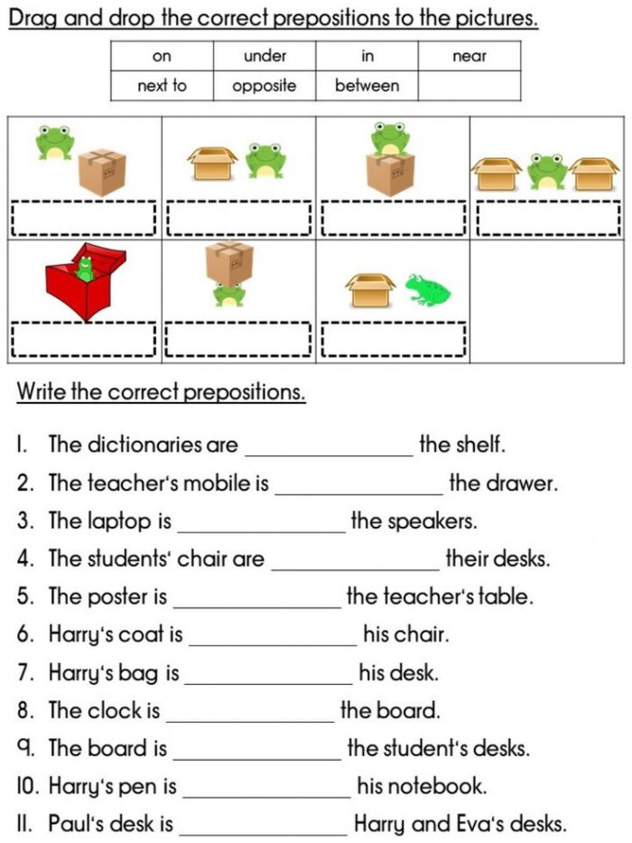 Fifth grade grammar worksheet focused on identifying prepositions and their objects in sentences