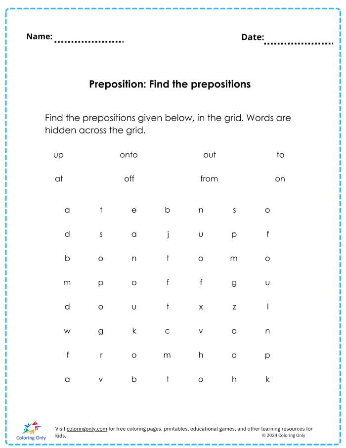 Fifth grade grammar worksheet showing practice exercises for identifying prepositions and their objects in sentences