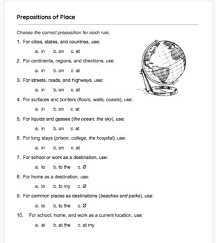 Fifth grade grammar worksheet showing exercises for identifying prepositions and their objects in sentences
