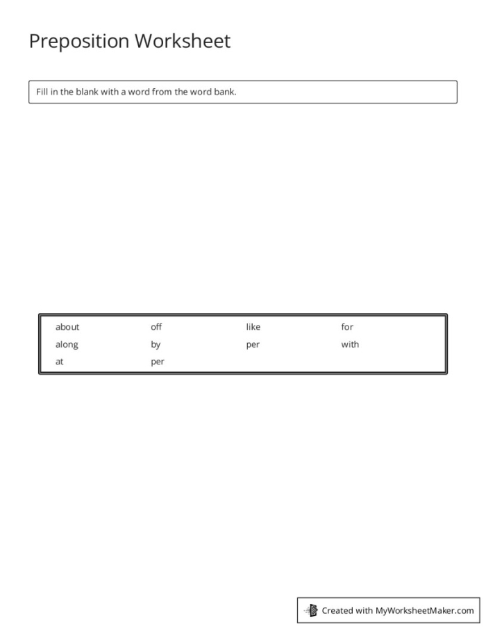 First grade student completing a Pick the Preposition sentence worksheet
