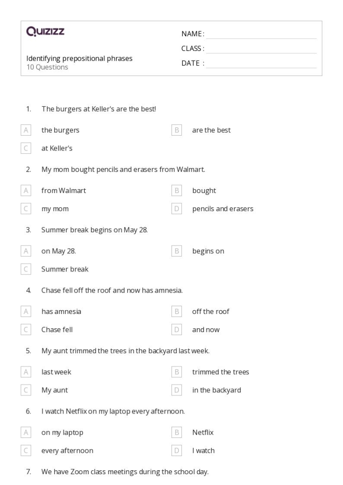 Identifying Prepositional Phrases Grammar Worksheet for Grade 7 Students Seventh grade student worksheet showing sentences with prepositional phrases highlighted for grammar practice
