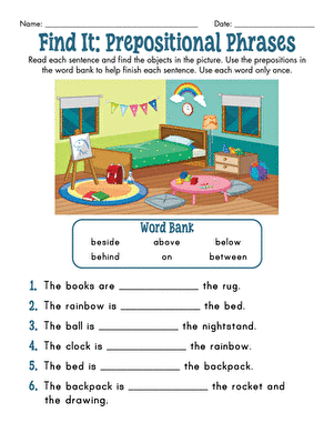 It's Grammar Time Prepositional Phrases 1 practice activity for elementary reading comprehension Third grade grammar worksheet showing prepositional phrase exercises where students select correct phrases to complete sentences with added detail