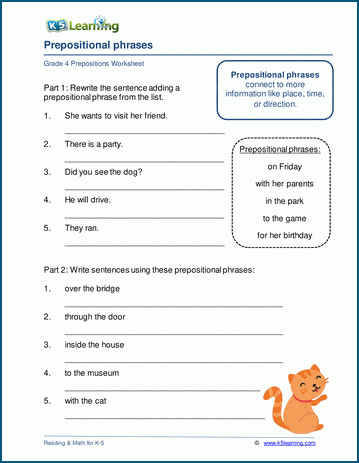 Its Grammar Time Prepositional Phrases 1 Worksheet Number 9 Third grade worksheet titled Its Grammar Time focused on choosing correct prepositional phrases to complete sentences