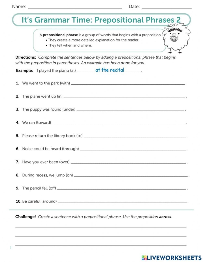 Fourth grade student filling out a practice with prepositional phrases worksheet at a wooden desk