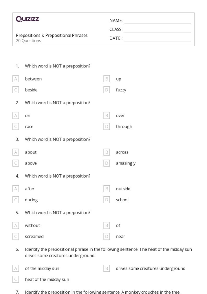 Worksheet on identifying prepositional phrases in nonfiction texts for fourth graders