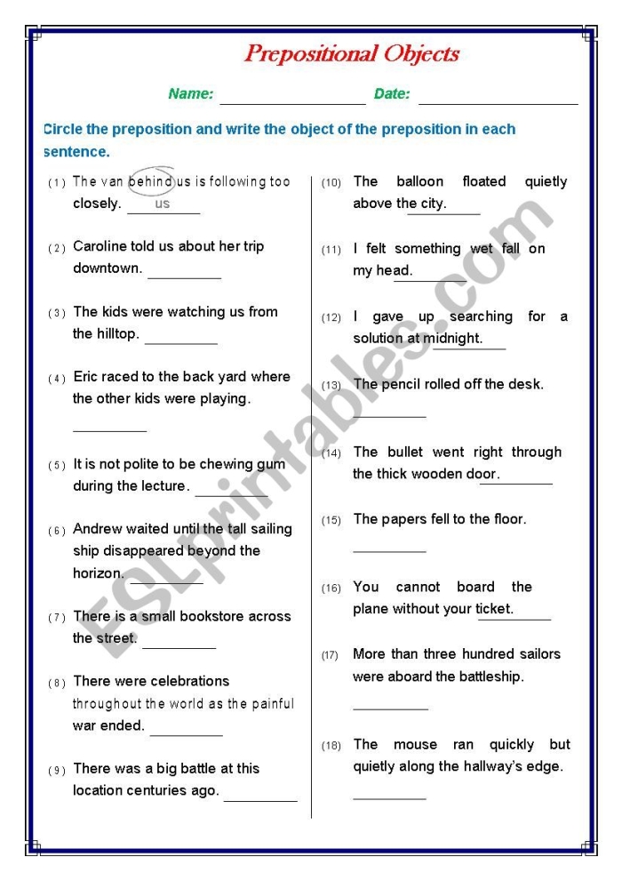 Fifth grade grammar worksheet showing exercises for identifying prepositions and their objects in sentences