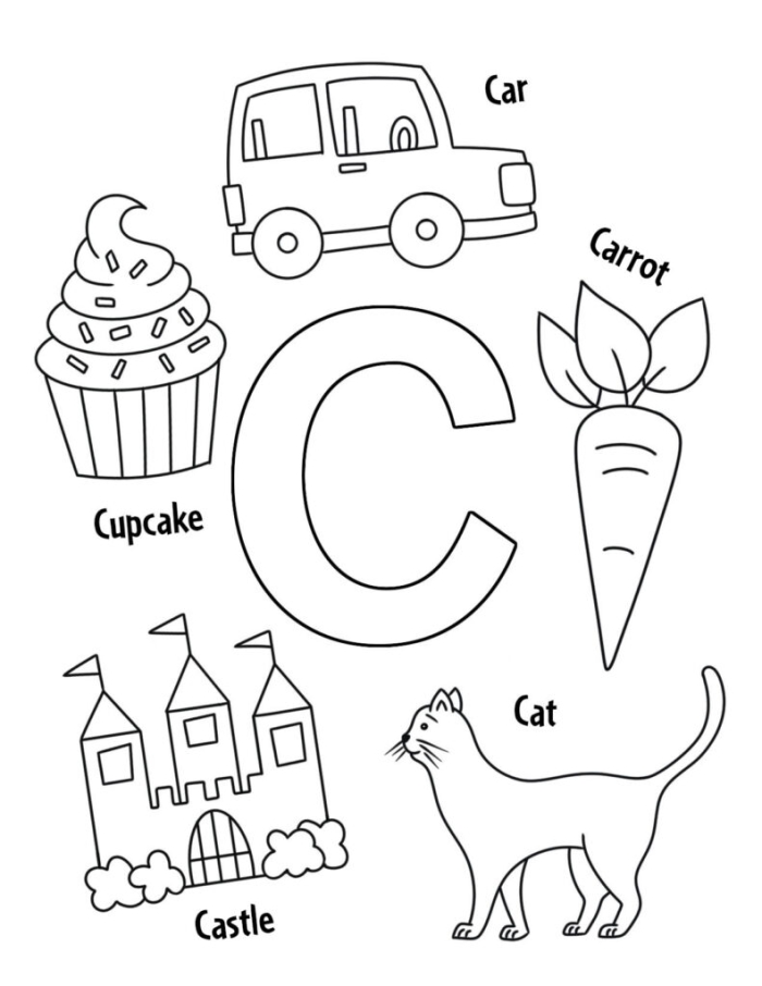 Worksheet featuring activities for preschoolers to identify words that begin with the letter C