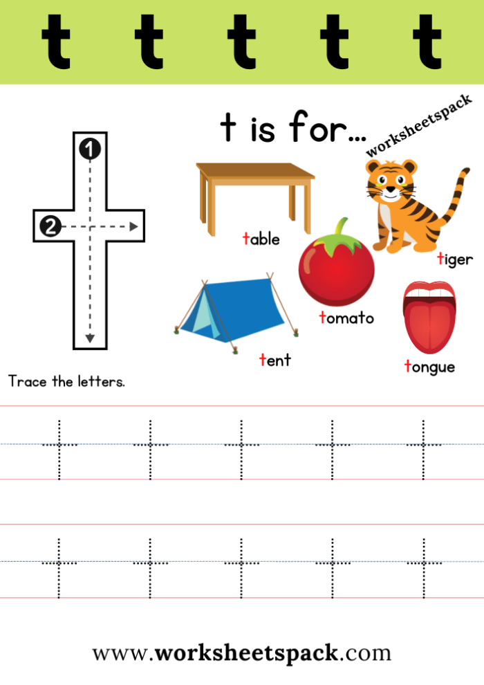 Preschool worksheet for practicing the letter T with various words and illustrations
