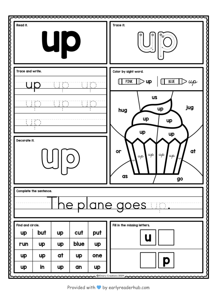 Preschooler working on a Spruce Up the Sight Word Up worksheet