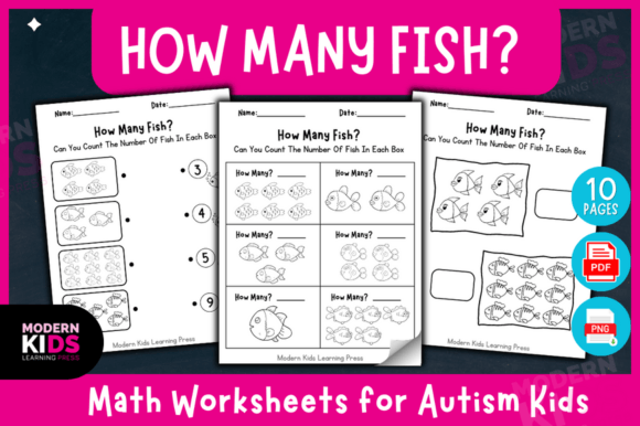 Preschoolers counting colorful fish on a fun math worksheet for addition practice